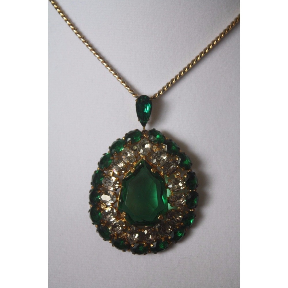 CZECH CZECHOSLOVAKIA  GREEN & CLEAR GLASS PENDANT NECKLACE